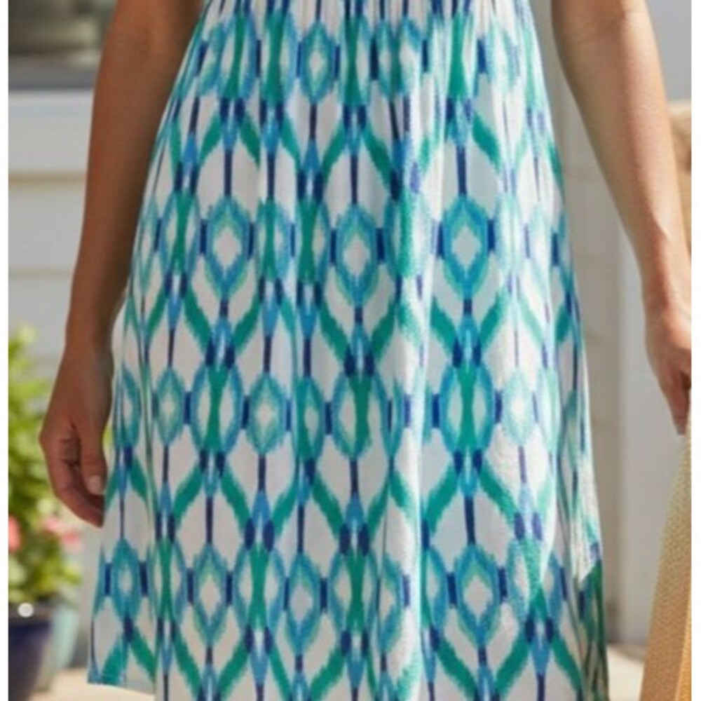 DESIGNER TART MULTICOLOR BLUE PRINT STRAPLESS OPEN BACK SHORT SUMMER DRESS LARGE - Picture 9 of 9